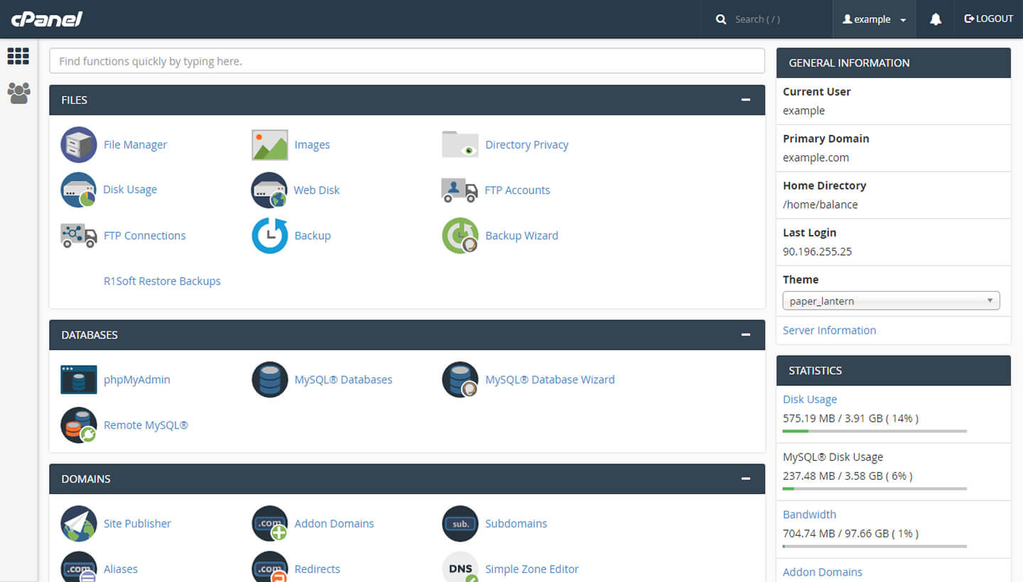 Prikaz nadzorne plošče cPANEL-a